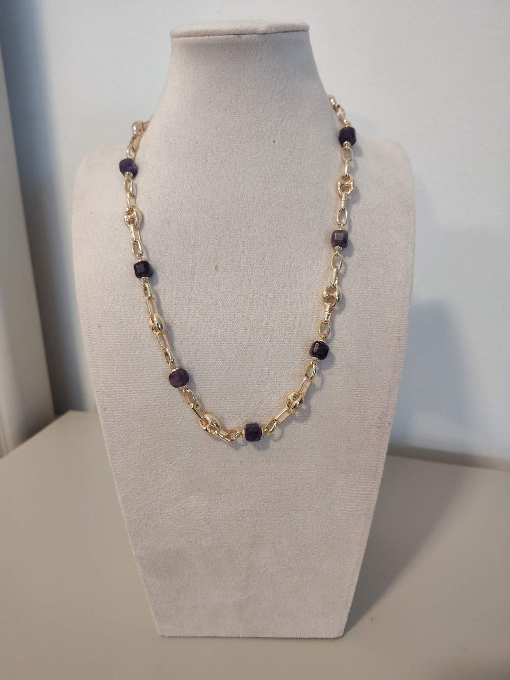 Gold Chain Necklace with Purple Bead Accents